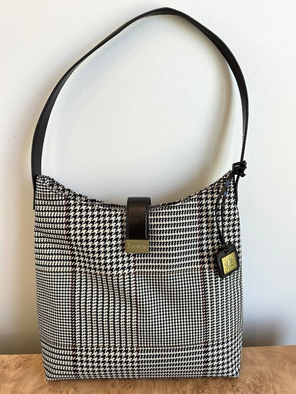 Lauren Ralph Lauren Houndstooth Plaid Shoulder Bag Tan Brown Leather